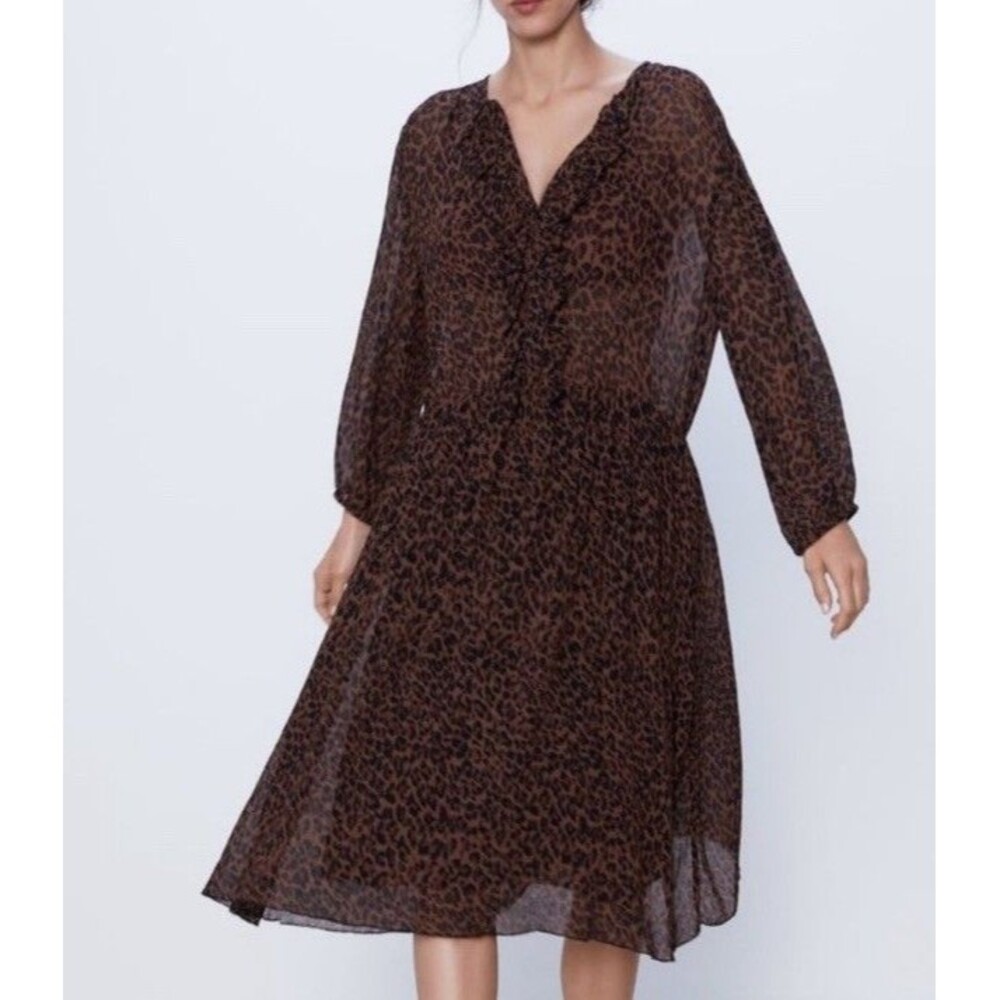 ZARA Animal Print Midi Dress Womens - Sz Eur XL- Brown - Cocktail Party Brunch